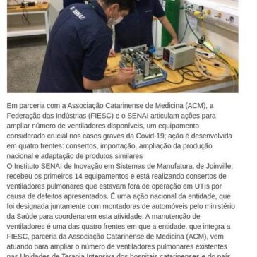 Em Joinville, SENAI inicia conserto de 14 ventiladores pulmonares que estavam fora de operação em UTIs – Central de Notícias