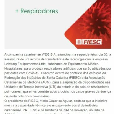 SC fabricará ventiladores pulmonares em Jaraguá do Sul – Central de Notícias