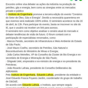 Instituto de Engenharia realiza webinar sobre os cenários do setor de Óleo, Gás e Energia – Central de Notícias