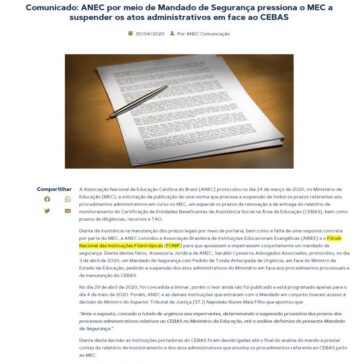 Comunicado: ANEC por meio de Mandado de Segurança pressiona o MEC a suspender os atos administrativos em face ao CEBAS – ANEC