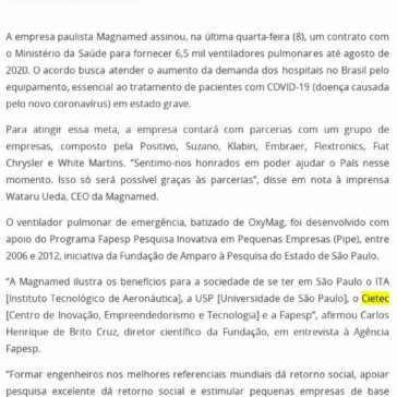Empresa apoiada pela Fapesp fornecerá ventiladores pulmonares ao Ministério da Saúde – Investe São Paulo