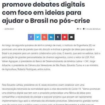 Instituto de Engenharia promove debates digitais com foco em ideias para ajudar o Brasil no pós-crise – IPESI