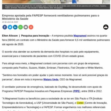 Empresa apoiada pela FAPESP fornecerá ventiladores pulmonares para o Ministério da Saúde – FAPESP PESQUISA
