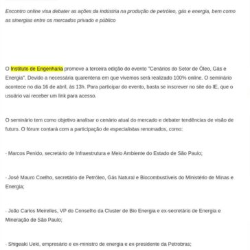 Instituto de Engenharia realiza webinar sobre os cenários do setor de Óleo, Gás e Energia – Porto Gente