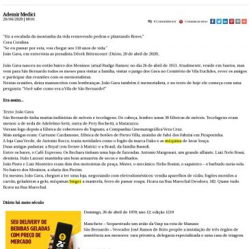 Uma crônica de João Gava aos 107 anos – Diário do Grande ABC (On-line)