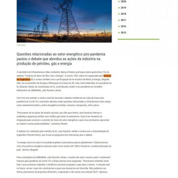 SECRETÁRIO PARTICIPA DE WEBINAR SOBRE SETOR DE ÓLEO, GÁS E ENERGIA PROMOVIDO PELO INSTITUTO DE ENGENHARIA – Secretaria de Infraestrutura e Meio Ambiente