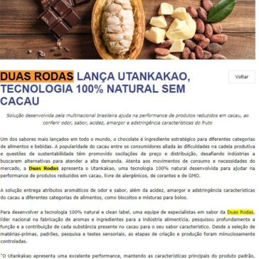 DUAS RODAS LANÇA UTANKAKAO, TECNOLOGIA 100% NATURAL SEM CACAU – Food Ingredients Brasil
