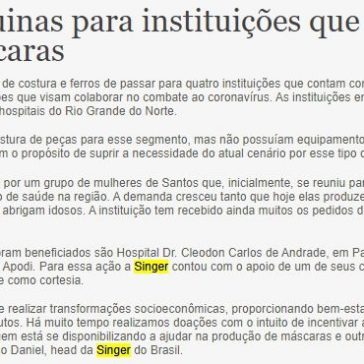 Singer doa máquinas para instituições que estão costurando máscaras – Textilia
