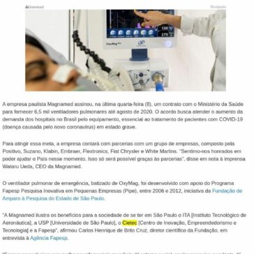 Empresa apoiada pela Fapesp fornecerá ventiladores pulmonares ao Ministério da Saúde – Portal do Governo do Estado de São Paulo