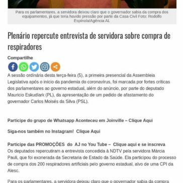 Plenário repercute entrevista de servidora sobre compra de respiradores – Aconteceu em Joinville