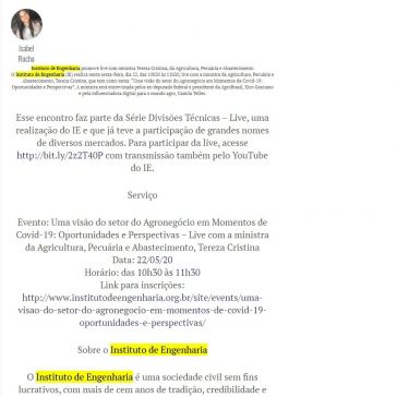 Instituto de Engenharia promove live com ministra Teresa Cristina, da Agricultura, Pecuária e Abastecimento – O Povo (On-line)