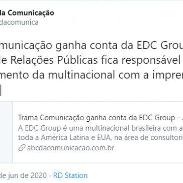 Trama Comunicação ganha conta da EDC Group | A Agência de Relações Públicas fica responsável pelo relacionamento da multinacional com a imprensa brasileira – ABC da Comunicação (Twitter)