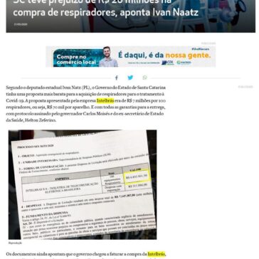 SC teve prejuízo de R$ 20 milhões na compra de respiradores, aponta Ivan Naatz – O Município Blumenau