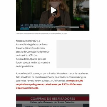 Alesc faz 3ª sessão da CPI dos respiradores e ouve mais depoimentos – G1 Brasil