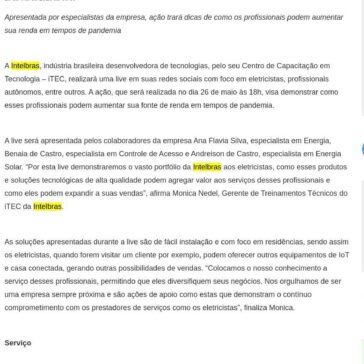 Intelbras realiza live com foco em eletricistas profissionais – Porto Gente