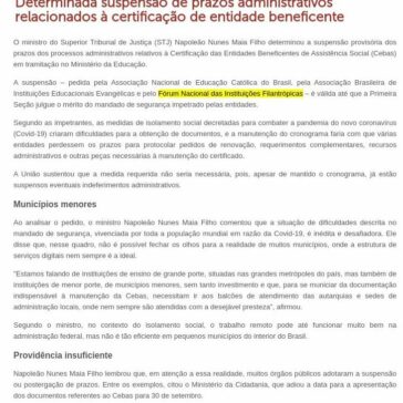 Determinada suspensão de prazos administrativos relacionados à certificação de entidade beneficente STJ – Superior Tribunal de Justiça