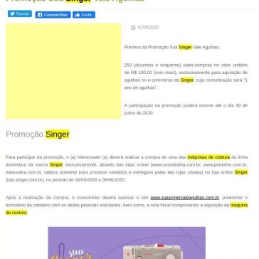 Promoção Sua Singer Vale Agulhas – Achei Promoção