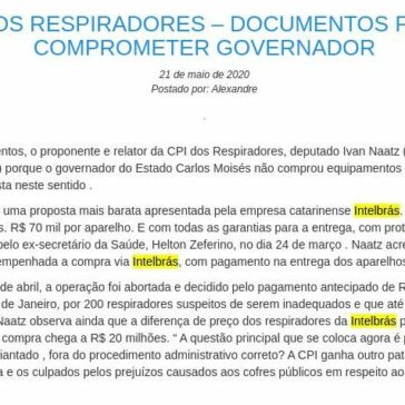 CPI DOS RESPIRADORES – DOCUMENTOS PODEM COMPROMETER GOVERNADOR – Vale SC