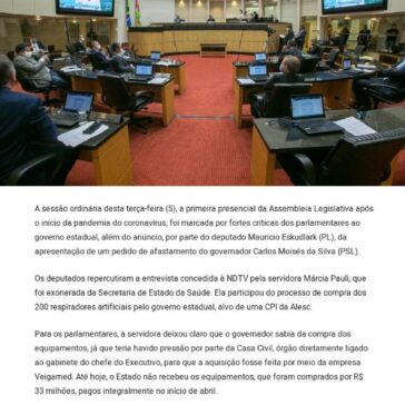 Plenário repercute entrevista de servidora sobre compra de respiradores – Uaaau