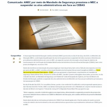 Comunicado: ANEC por meio de Mandado de Segurança pressiona o MEC a suspender os atos administrativos em face ao CEBAS – ANEC