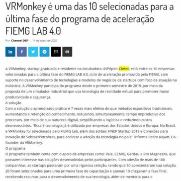 VRMonkey é uma das 10 selecionadas para a última fase do programa de aceleração FIEMG LAB 4.0 – Channel 360