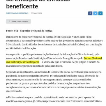 Determinada suspensão de prazos administrativos relacionados à certificação de entidade beneficente – Direito Net