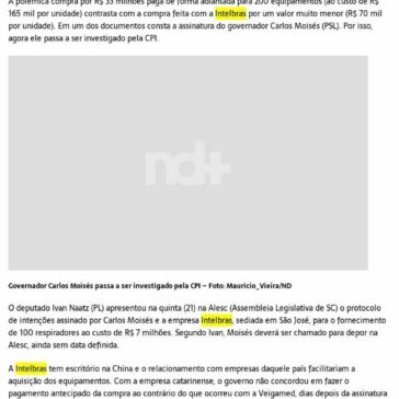 Governador Carlos Moisés passa a ser investigado na CPI dos Respiradores – Jornal Tijucas