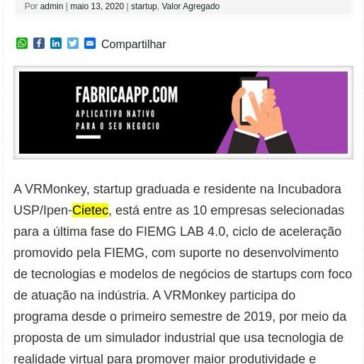 VRMonkey é uma das 10 selecionadas para a última fase do programa de aceleração FIEMG LAB 4.0 – Valor Agregado