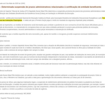 STJ – Determinada suspensão de prazos administrativos relacionados à certificação de entidade beneficente – Sintese