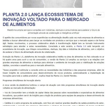 PLANTA 2.0 LANÇA ECOSSISTEMA DE INOVAÇÃO VOLTADO PARA O MERCADO DE ALIMENTOS – Food Ingredients Brasil