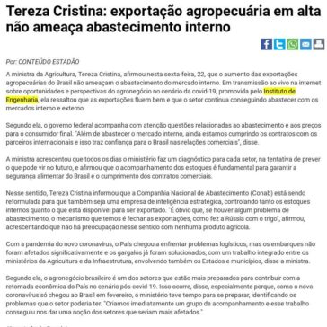 Tereza Cristina: exportação agropecuária em alta não ameaça abastecimento interno – HiperNotícias