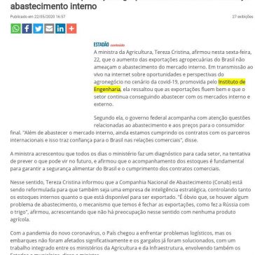 Tereza Cristina: exportação agropecuária em alta não ameaça abastecimento interno – Notícias Agrícolas