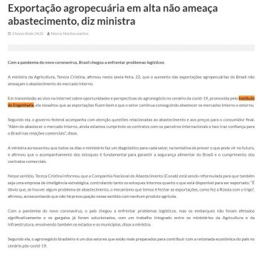 Exportação agropecuária em alta não ameaça abastecimento, diz ministra – Folha Rondoniense