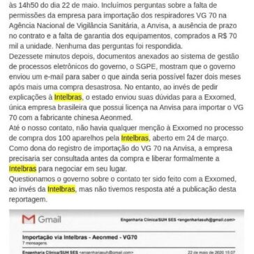 E-mail do Intercept mela outra compra furada de respiradores de SC – Central de Notícias