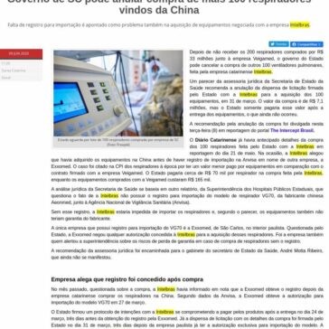 Governo de SC pode anular compra de mais 100 respiradores vindos da China – Radio Sintonia