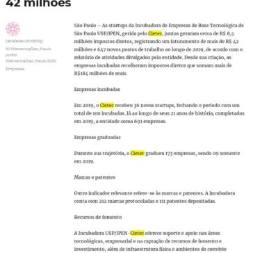 Incubadas da USP/IPEN-Cietec criaram 647 postos de trabalhos e faturaram R$ 42 milhões – Canal Executivo Blog