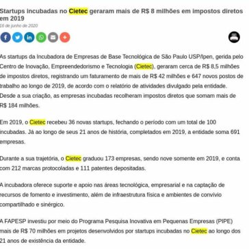 Startups incubadas no Cietec geraram mais de R$ 8 milhões em impostos diretos em 2019 – FAPESP PESQUISA