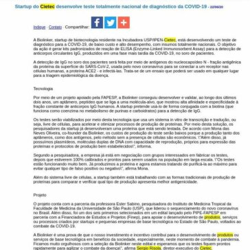 Startup do Cietec desenvolve teste totalmente nacional de diagnóstico da COVID-19 – JorNow