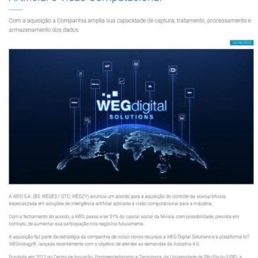 WEG adquire Startup focada em Inteligência Artificial e Visão Computacional – Weg