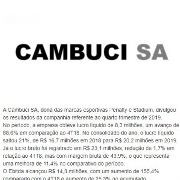 Cambuci registra lucro líquido de R$ 8,3 mi no 4T19 – Central de Notícias