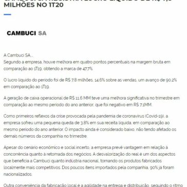 CAMBUCI SA REGISTRA LUCRO LÍQUIDO DE R$ 7,8 MILHÕES NO 1T20 – Master investimentos