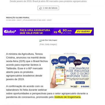 Ministra da Agricultura anuncia acordo para exportação de lácteos à Tailândia – Globo Rural (On-line)