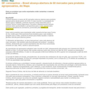 DF: coronavírus – Brasil alcança abertura de 60 mercados para produtos agropecuários, diz Mapa – Página Rural