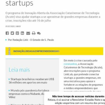 Em SC, programa de inovação da Acate tem 100 vagas abertas para conectar startups- O Estado de S. Paulo (On-line)