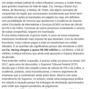 Hering, Altona e Metisa: empresas do Vale conseguem na Justiça reaver créditos de ICMS – Central de Notícias