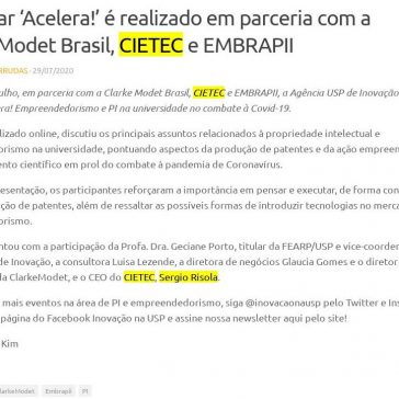 Webinar ‘Acelera!’ é realizado em parceria com a ClarkeModet Brasil, CIETEC e EMBRAPII – Agência USP de Inovação