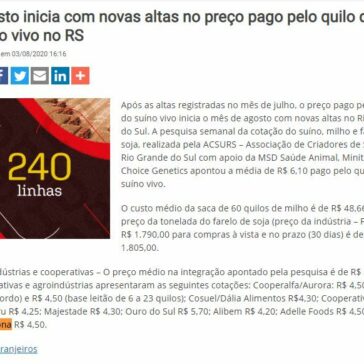 Agosto inicia com novas altas no preço pago pelo quilo do suíno vivo no RS – Notícias Agrícolas