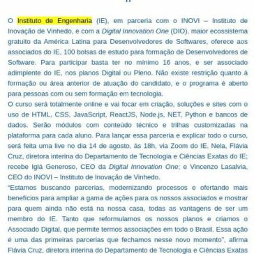Instituto de Engenharia fecha parceria com Inovi e Digital Innovation One para concessão de bolsas de estudo – Blog do Patrício Nunes