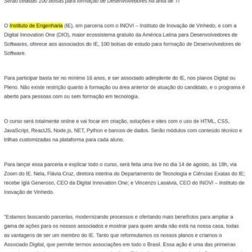 Instituto de Engenharia fecha parceria com Inovi e Digital Innovation One para concessão de bolsas de estudo – Porto Gente