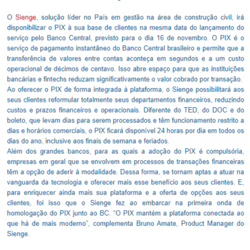 Sienge é a única plataforma para a construção a participar da homologação inicial do PIX	– Blog do Patrício Nunes